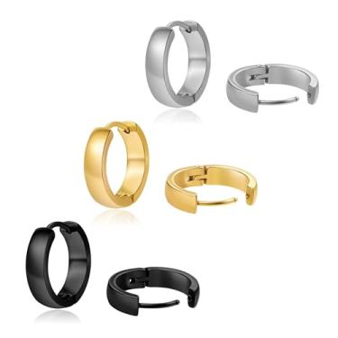 Imagem de DHZJTSL Conjunto de 3 pares de brincos de argola masculinos de aço inoxidável, dourado/prata/preto, hipoalergênico, joia 12/14/16 mm, Silver 1 Pairs-16mm(0.63in), Aço inoxidável, Sem pedra preciosa