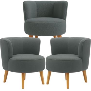 Imagem de Conjunto 3 Cadeiras Moderna para Recepção Clinica Tecido Boucle Confortavel Pés de Madeira MOBLAN decor (Cinza)