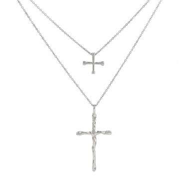 Imagem de Fivexing Colar de cruz para mulheres Y2k corrente de camada dupla irregular prata pingente moderno masculino joia estética, small-scale, Liga de aço, Sem Pedra Preciosa