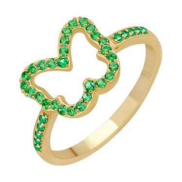 Imagem de GOURIK Anel de esmeralda banhado a ouro amarelo 18K em forma de borboleta tamanho 8 para mulheres - Pedra do mês de nascimento de maio resistente, ajuste confortável, anel delicado que não mancha