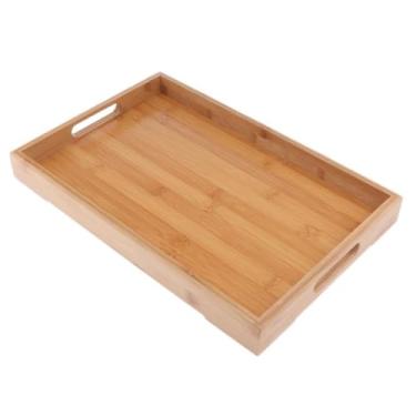 Imagem de Bandeja Retangular De Bambu Com Alças Laterais 36 X 23cm para Servir Organizar Armazenar Mesa Posta