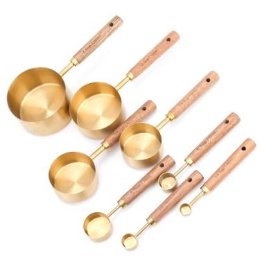 Imagem de 8un. Conjunto de Xícaras e Colheres Medidoras Douradas, Conjunto Xícaras Medidoras Aço Inoxidável com Cabo Madeira Acácia Acessórios de Cozinha Dourados para Cozimento a Seco Líquido