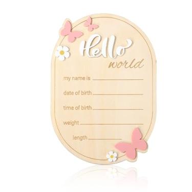 Imagem de Placa de Madeira para Anúncio Bebé, Margarida Borboleta Placas Olá Mundo Recém-Nascidos Placa Boas-Vindas à Chegada Bebé para Decoração Berçário Hospital Presentes Acessório Fotos