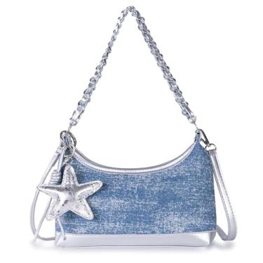 Imagem de iSamzan Bolsa jeans Hobo para mulheres: Bolsa tiracolo azul vintage brilhante - Bolsa pequena de 23,9 cm para compras, viagens e festas, Azul escuro