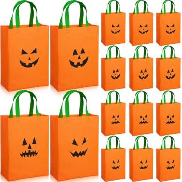 Imagem de Wesnoy Pacote com 12 sacos de presente de abóbora de Halloween, não tecido, reutilizável, para doces ou travessuras, com alças 24 x 35 x 10 cm, lembrancinhas de festa de doces para adultos, decorações