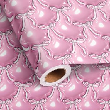 Imagem de Altarho Rolo de papel de embrulho com efeito 3D para crianças, meninas, aniversário, noivas, chá de bebê, casamento - Folhas de embrulho de laço de fita rosa com design estereoscópico total 28,5 m²