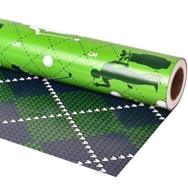 Imagem de Altarho Rolo de papel de embrulho de golfe para meninos mulheres e homens - verde golfe e tecido estampado xadrez folhas de embrulho de presente esportivo para aniversário, dia dos pais, suprimentos