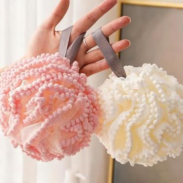 Imagem de Pacote com 2 esponjas de bucha de banho super macias e coloridas, pufe de malha de banho de limpeza corporal para homens e mulheres, malha de banho de limpeza completa de espuma
