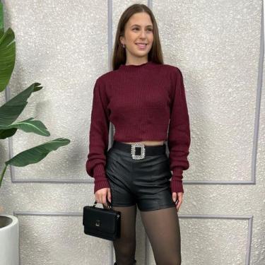 Imagem de Blusa Tricot Feminina Gola Redonda Cropped Inverno Manga - Exposição P