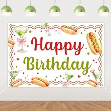 Imagem de Hot Dog Martini faixa de fundo de feliz aniversário 1,5 x 1 m para homens e mulheres decoração de aniversário Margarita coquetel salsicha aniversário artigos de festa Hotdog bar fast food despedida de