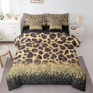 Imagem de Jogo de cama queen com estampa de leopardo marrom sépia, 7 peças, edredom com estampa de lantejoulas douradas, animais selvagens, guepardo, decoração ocidental