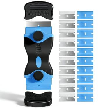Imagem de Raspador para lâmina de barbear, raspador multisuperfície de cabeça dupla com 20 lâminas para fogão de vidro e janelas, azul