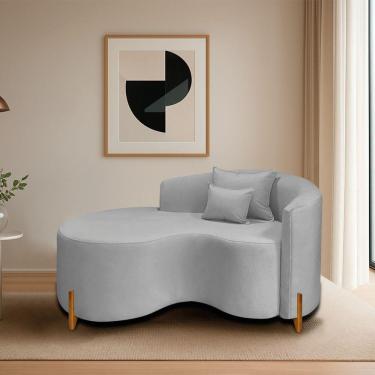 Imagem de Divã Recamier Curvo Sala De Estar Recepção Inglaterra 150cm Pés Madeira Lado Esquerdo Linho Cinza Claro