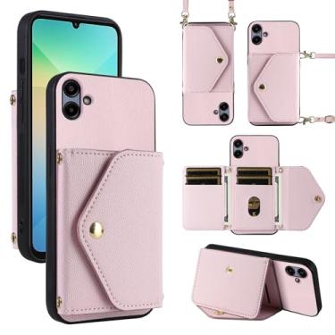 Imagem de Dibosom Capa carteira minimalista para Samsung Galaxy A05 com alça de ombro, bolsa flip fina e fina, suporte de cartão de crédito de couro PU acessórios para celular Ao5 A 05 mulheres homens rosa