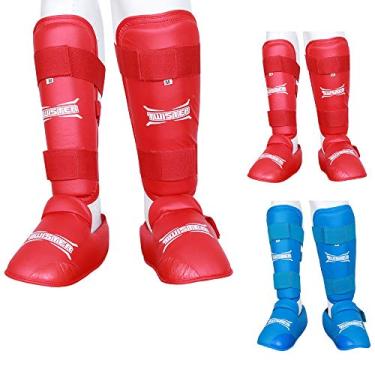 Imagem de Twister Muay Thai, boxe, kickboxing, karatê, taekwondo, protetores acolchoados para canela e peito do pé de MMA, canela em degraus, caneleiras, tamanhos diferentes (par) (vermelho, G)