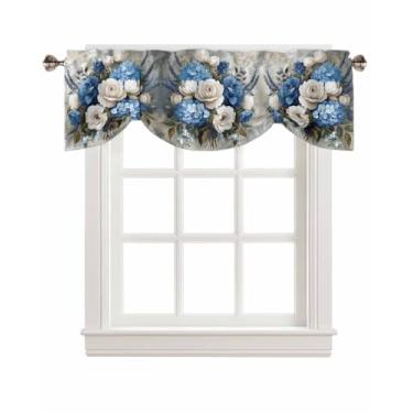 Imagem de Cortinas de amarrar florais vintage para janelas, branco azul rosa folha de hortênsia pintura a óleo Rod Pocket Tie Up Valance, tratamento de janela curta ajustável para cozinha, sala de estar