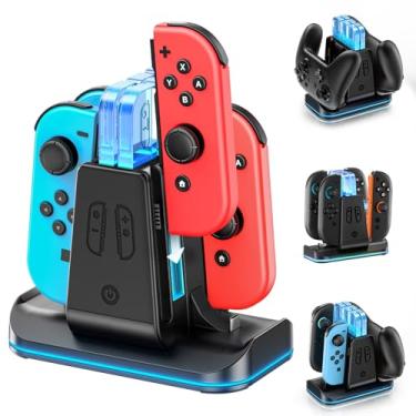 Imagem de Carregador para controle Joycon 2/1 e Pro, base de carregamento Joy con com 9 modos de luz RGB, estação de carregamento 6 em 1 para 4 Joycons/2 controles Pro com indicador LED