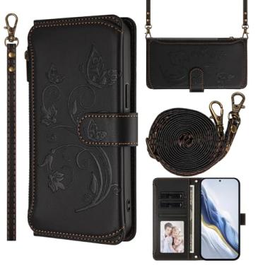Imagem de Capa carteira para Google Pixel 9 Pro com suporte para cartão, bolso com zíper e alça longa - capa fólio de couro com fecho magnético, suporte, capa feminina anti-impressão digital (preto)