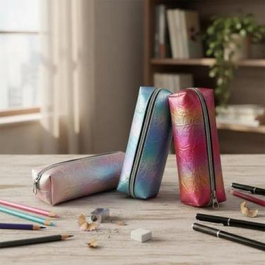 Imagem de Estojo Infantil Metalizado Holográfico Rainbow Escolar Volta as Aulas 