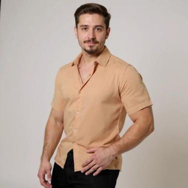 Imagem de Camisa Social Masculina Botão Manga Curta Slim - Volgue, Bege, P