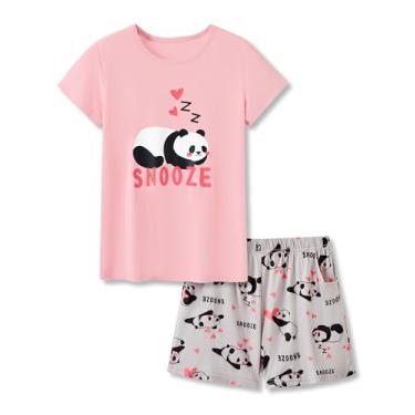 Imagem de Tebbis Pijama macio modal fofo panda para meninas, conjunto de camisetas e shorts, tamanho infantil grande 6-18, Panda rosa e cinza (conjunto curto), 14