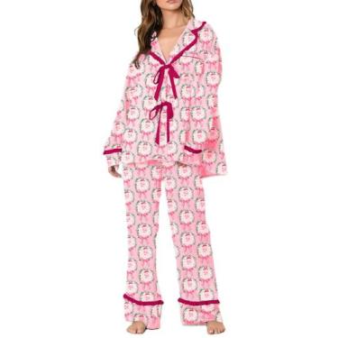 Imagem de Conjunto de pijamas femininos Leyajedol Silk Christmas de 2 peças