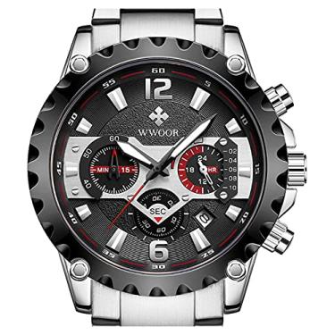 Imagem de Relógio masculino WWOOR com mostrador preto, cronógrafo, quartzo, aço inoxidável, pulseira preta à prova d'água, Preto