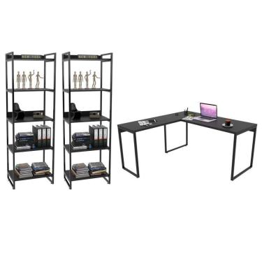 Imagem de Conjunto Escritório Estilo Industrial Mesa 150x150cm E 2 Estantes 60cm 5 Prateleiras