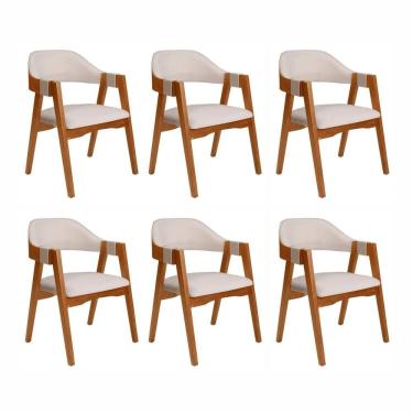 Imagem de Kit 6 Cadeiras de Madeira Maciça Tauari Estofada e Braço com Corda Náutica Bélgica Espresso Móveis Imbuia/Off White