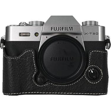 Imagem de Capa X-T30, capa BMAOLLONGB feita à mão de couro PU meia câmera versão abertura inferior para Fujifilm X-T30 XT30 com alça de mão (preto)