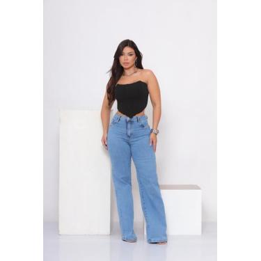 Imagem de Calça Jeans Feminina Wide Leg Reta Pantalona Levanta Empina Bumbum Bol