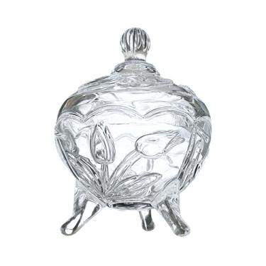 Imagem de Bomboniere Barcelona de Vidro Floral com Pés e Tampa (150 ml) – Pote Decorativo para Doces e Algodão