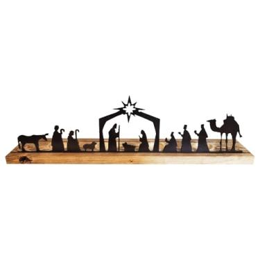 Imagem de Conjunto de Natal Presépio de Ferro – Suporte de vela de mesa para chá com silhueta de presépio, peças centrais de castiçais religiosos cristãos para lareira manto de mesa de quarto de férias parede