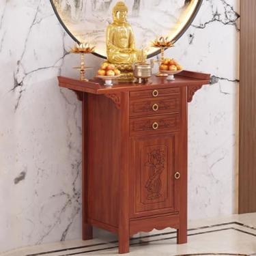 Imagem de Mesa de altar budista com armazenamento, armário de nicho de santuário pessoal, pedestal de oferta chinesa para meditação, 67,8 cm x 48,8 cm x 108 cm, perfeita para práticas espirituais