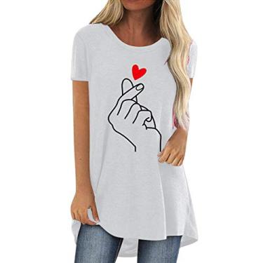 Imagem de Camiseta feminina com estampa de coração e gola redonda, manga curta, folgada, plus size, Branco, G