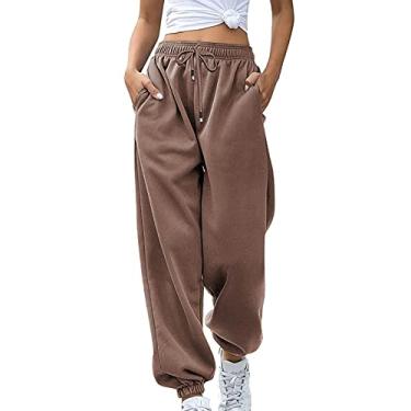 Imagem de Tawop Calça de moletom lisa para mulheres 2023 com cordão cintura elástica calça atlética calça justa calça larga Y2K, Café, P