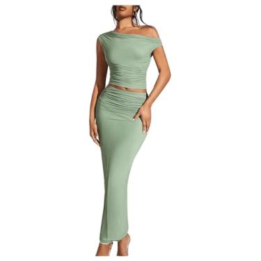 Imagem de MakeMeChic Conjunto feminino de 2 peças, um ombro de fora, blusa cropped sem mangas e saia longa colado ao corpo, Verde, Small
