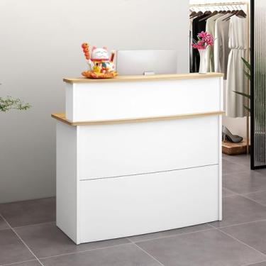 Imagem de Mesa de recepção com balcão, balcão de recepção com gavetas bloqueáveis, para salão de beleza, supermercado, loja de conveniência, loja de roupas, loja de chá de leite, empresa, branco + nogueira