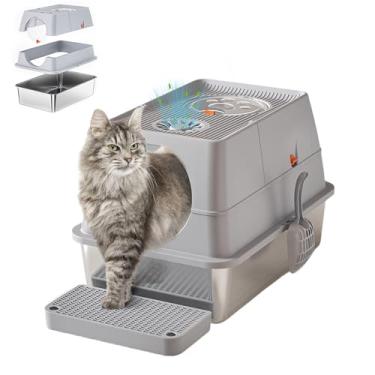 Imagem de Caixa de areia grande de aço inoxidável fechada para gatos com tampa, caixa de areia de gatinho de metal com capa flip, parte superior removível e colher de areia, caixas de areia altas cobertas à