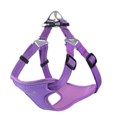 Imagem de EXCELLENT ELITE SPANKER Peitoral refletivo de nylon para cães, acolchoado, sem puxão, ajustável, com placa de identificação, clipe frontal, peitoral para cães pequenos, médios e grandes (roxo, P)