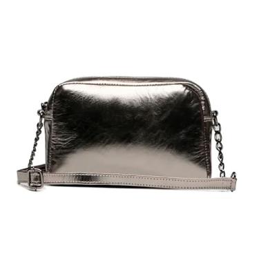 Imagem de Bolsa Couro Legítimo Transversal Feminina Metalizada com Corrente, Prata, Design Compacto