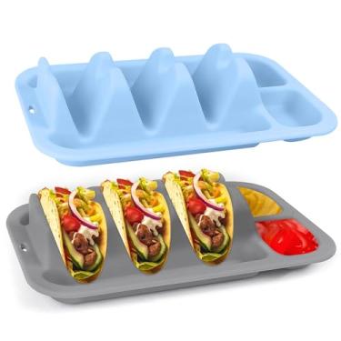 Imagem de CAMENDE Suporte de taco de silicone reutilizável – conjunto de 2 pratos de taco com divisórias e tigelas de mergulho, comporta 3 suportes de tacos | Seguro para micro-ondas e lava-louças, bandeja de