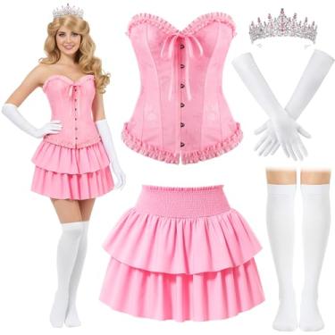 Imagem de JaGely 5 peças de vestido de fantasia de princesa para adultos, vestido de festa de Halloween, espartilho, blusa, luva, meia e saia de princesa (rosa, G)