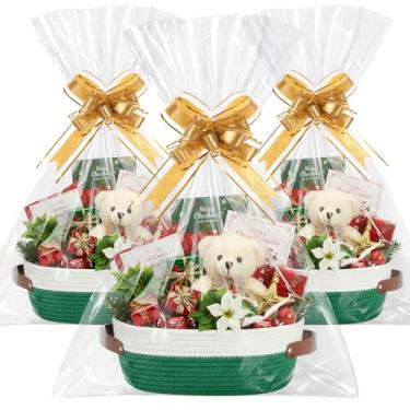 Imagem de Colingmill Pacote com 3 cestos de tecido com alças sacos de presente e fitas de armazenamento caixa de presente decorativa vazia para presentes cestas de casamento (branco e verde, 30,5 cm x 20,3 cm x
