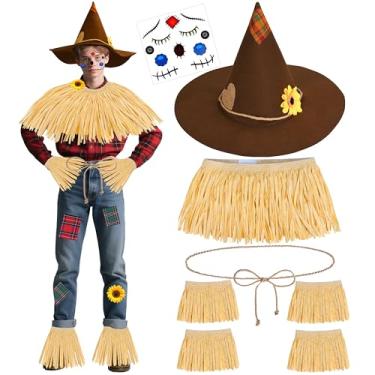 Imagem de Lavwix Kit de fantasia de homem de palha para adultos, decalque de rosto de chapéu de feltro, girassol, patchwork, bruxa, bruxa, Halloween, conjunto de acessórios, Amarelo, Standard