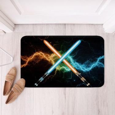 Imagem de Tapete de banheiro com sabre de luz verde azul, tapete de banheiro neon brilhante relâmpago, jogos de moda tapete de banho antiderrapante crianças meninos meninas adolescentes banho interior capacho decoração, tapete absorvente preto moderno desgrenhado, 50,8 cm x 81,2 cm