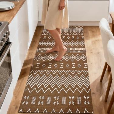 Imagem de winolive Tapetes de cozinha, tapetes de cozinha para chão, tapetes trançados, antiderrapantes, laváveis, 51 x 122 cm, estilo boho, marrom e branco, tapete de juta sintética com suporte antiderrapante