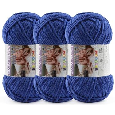 Imagem de 3 fios grossos de 100 g para crochê e tricô – Fio super volumoso de chenille de pelúcia fácil de usar 393 m - Fio de veludo ultramacio para bebês para iniciantes e projetos amigurumi, azul escuro