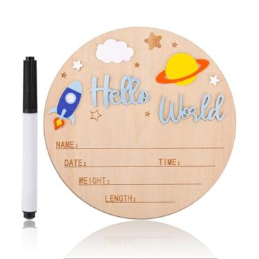 Imagem de Placa Anúncio de Nascimento Olá Mundo, Placa Madeira para Anúncio Nascimento do Bebê com Caneta Decoração de Foguete e Planeta Ideal para Berçário Hospitalar e Como Adereço Fotos