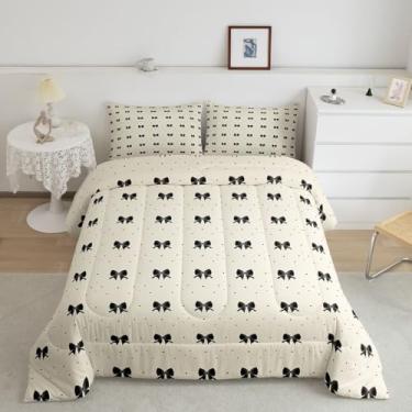 Imagem de Erosebridal Conjunto de edredom casal simples com nó de borboleta, respirável, com laço kawaii, estampa kawaii, crianças, adolescentes, microfibra para sofá, quarto, preto e bege